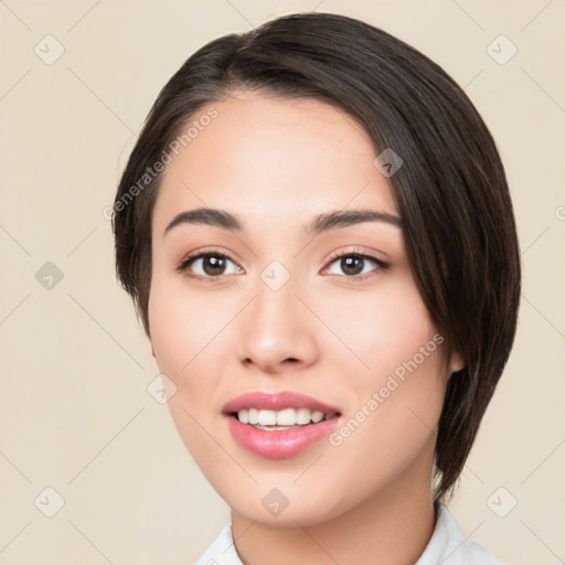 Joyful white young-adult female with medium  black hair and brown eyes