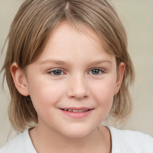 Joyful white child female with medium  brown hair and grey eyes