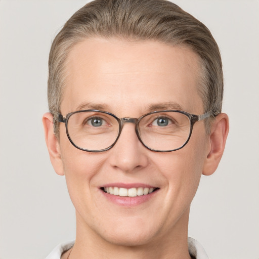 Joyful white adult male with short  brown hair and grey eyes