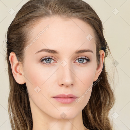 Neutral white young-adult female with long  brown hair and blue eyes