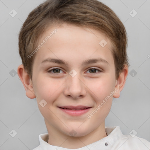 Joyful white child female with short  brown hair and brown eyes