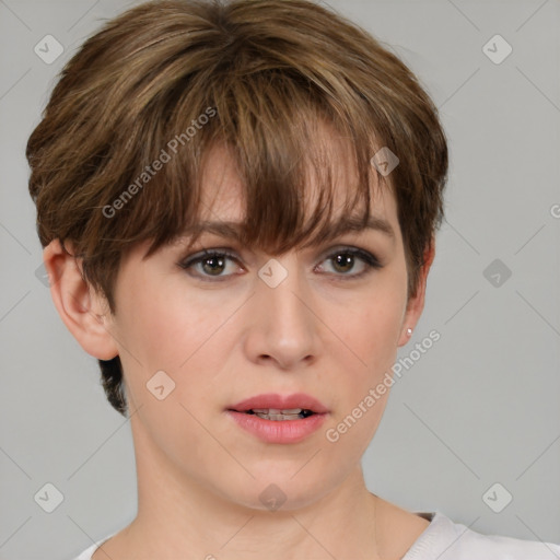 Neutral white young-adult female with medium  brown hair and brown eyes