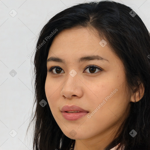 Neutral asian young-adult female with long  brown hair and brown eyes