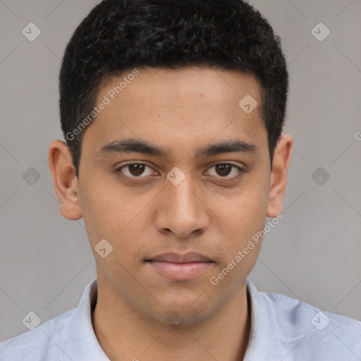 Neutral latino young-adult male with short  brown hair and brown eyes