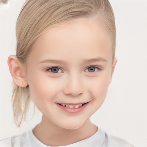 Joyful white child female with medium  blond hair and grey eyes