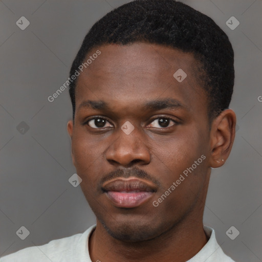 Joyful black young-adult male with short  brown hair and brown eyes