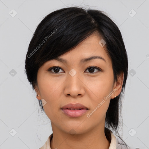 Neutral asian young-adult female with medium  black hair and brown eyes