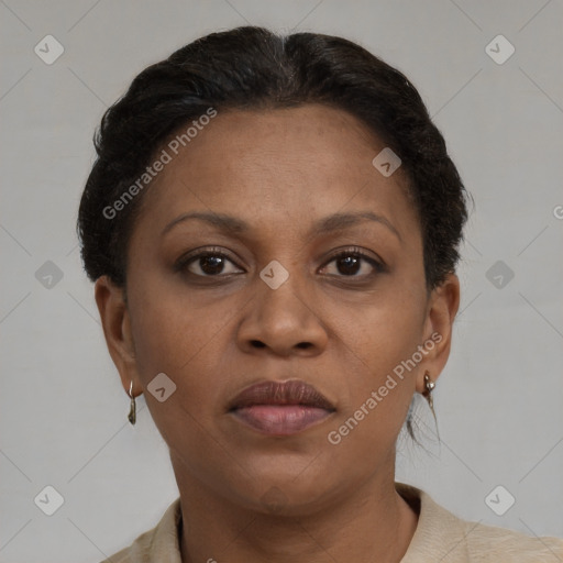 Neutral black adult female with short  brown hair and brown eyes