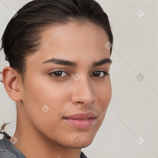 Neutral white young-adult female with medium  brown hair and brown eyes