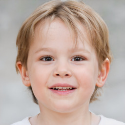 Joyful white child female with medium  brown hair and blue eyes