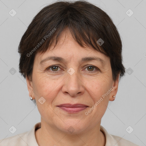 Joyful white adult female with short  brown hair and brown eyes