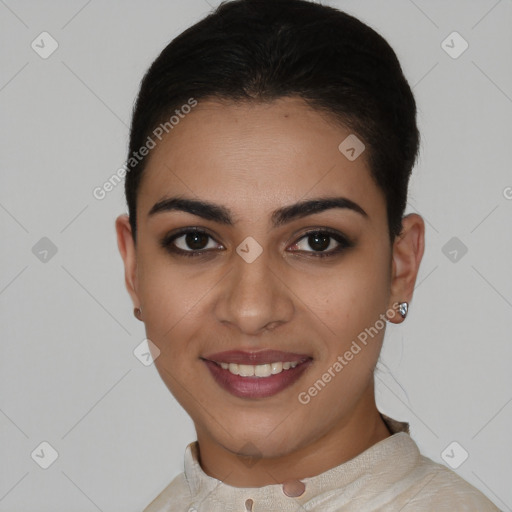 Joyful latino young-adult female with short  brown hair and brown eyes