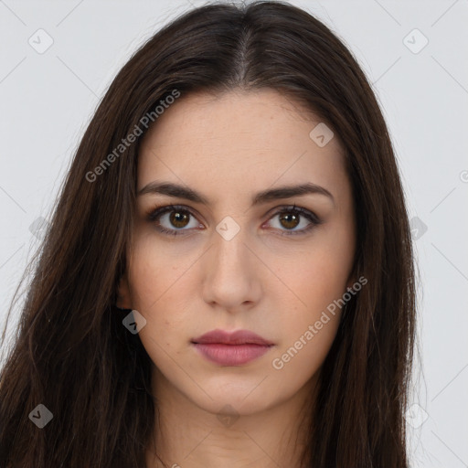 Neutral white young-adult female with long  brown hair and brown eyes