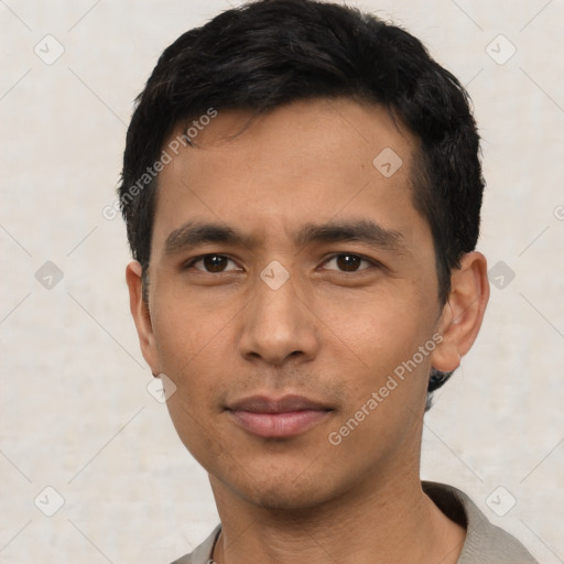 Neutral asian young-adult male with short  black hair and brown eyes