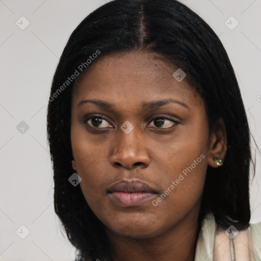 Joyful black young-adult female with long  black hair and brown eyes