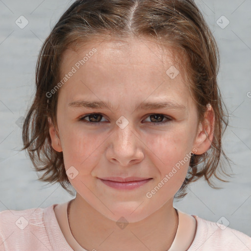 Joyful white child female with medium  brown hair and brown eyes