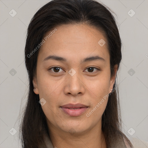 Joyful white young-adult female with long  brown hair and brown eyes