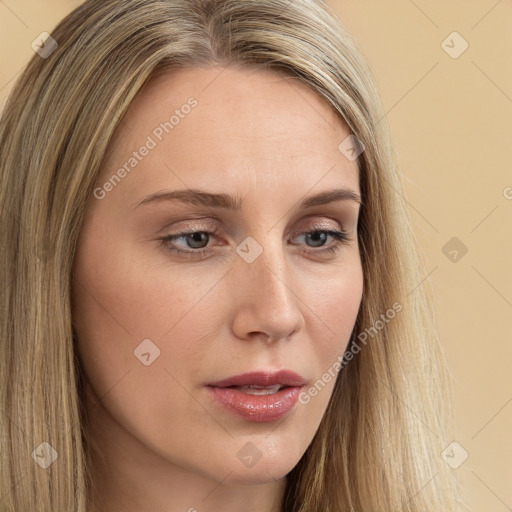 Neutral white young-adult female with long  brown hair and brown eyes