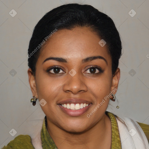 Joyful black young-adult female with medium  black hair and brown eyes