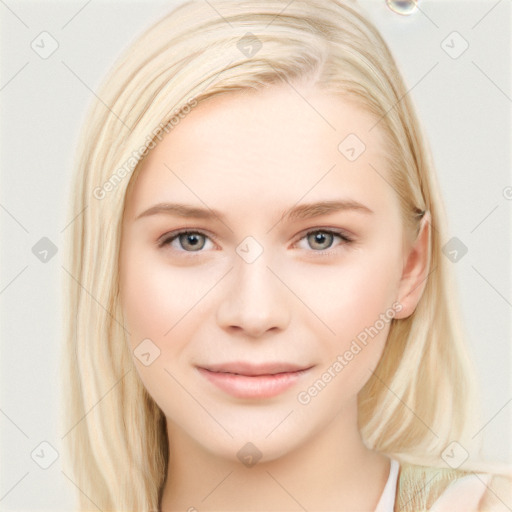 Joyful white young-adult female with long  brown hair and blue eyes