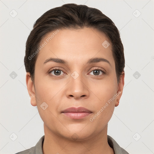 Neutral white young-adult female with short  brown hair and brown eyes