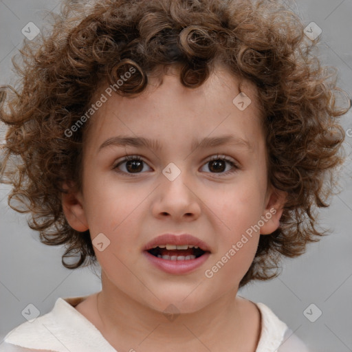 Joyful white child female with medium  brown hair and brown eyes