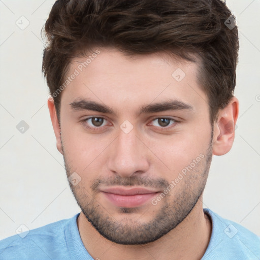 Neutral white young-adult male with short  brown hair and brown eyes