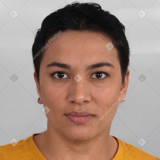 Neutral latino young-adult female with short  brown hair and brown eyes