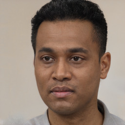 Joyful latino young-adult male with short  black hair and brown eyes