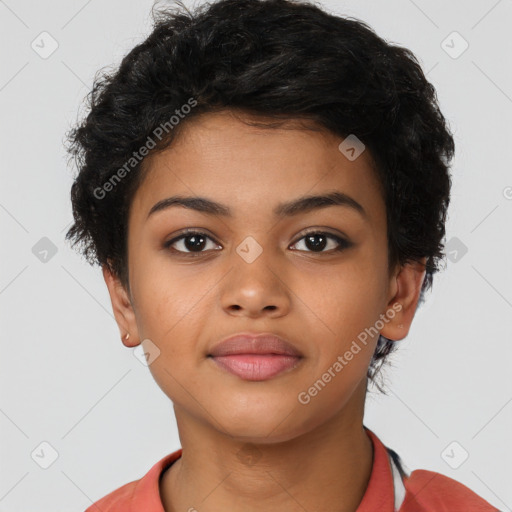 Neutral latino young-adult female with short  black hair and brown eyes