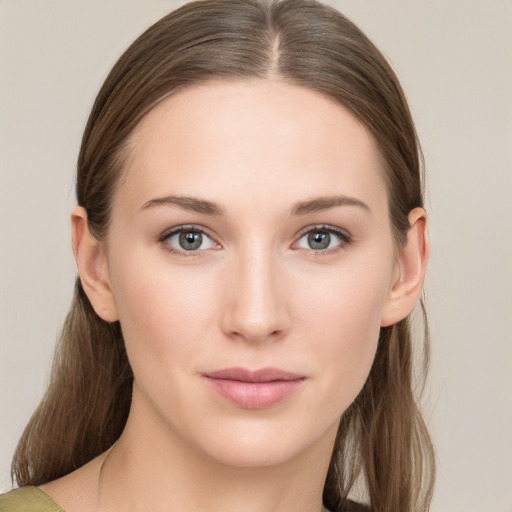 Neutral white young-adult female with long  brown hair and grey eyes