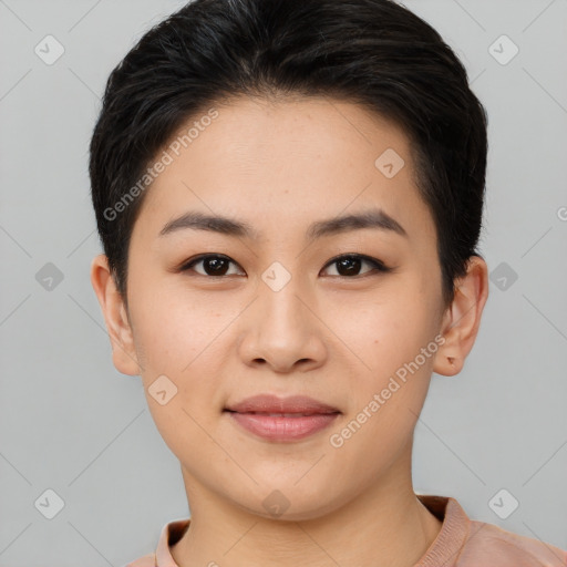 Joyful asian young-adult female with short  brown hair and brown eyes