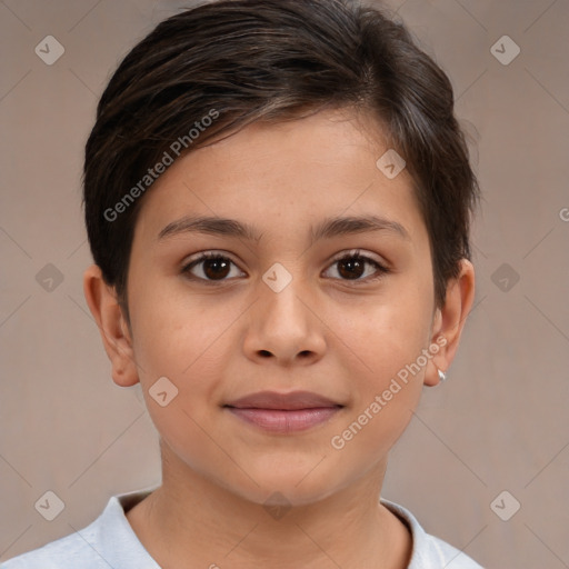 Joyful white child female with short  brown hair and brown eyes