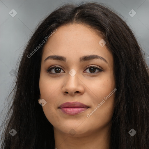 Joyful latino young-adult female with long  brown hair and brown eyes