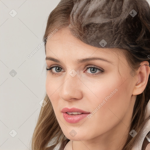 Neutral white young-adult female with medium  brown hair and grey eyes