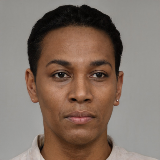 Neutral black young-adult female with short  black hair and brown eyes