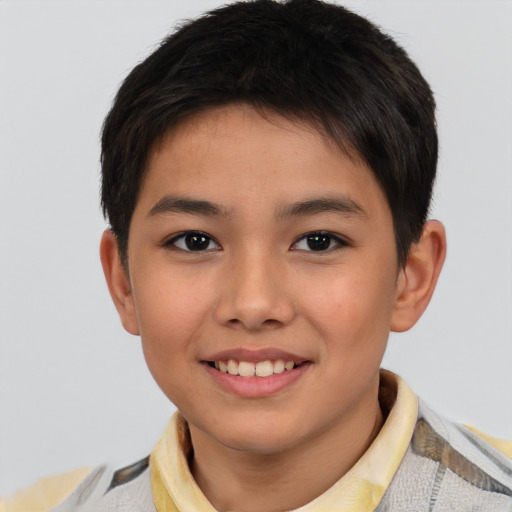 Joyful asian child male with short  brown hair and brown eyes
