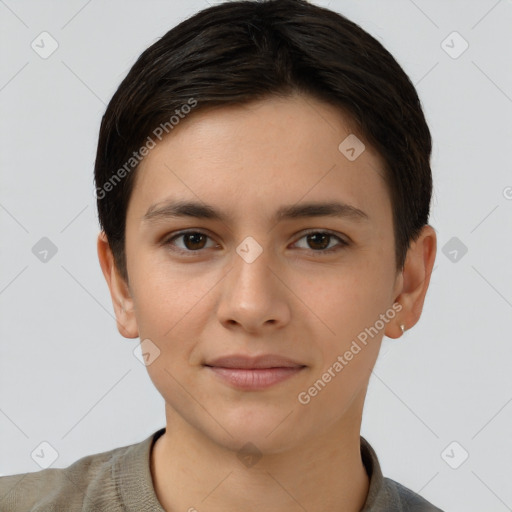 Joyful white young-adult female with short  brown hair and brown eyes