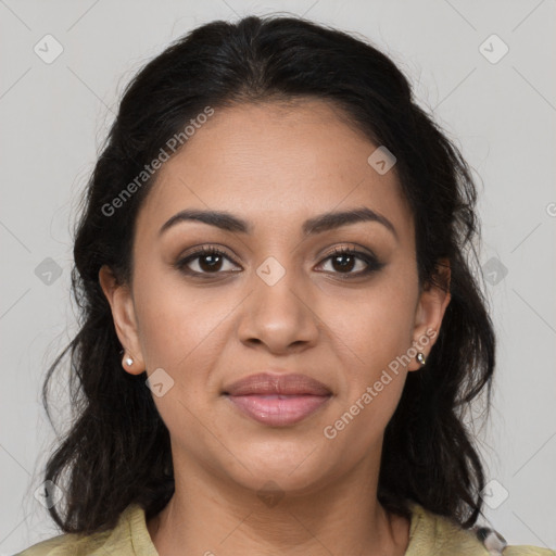 Joyful latino young-adult female with medium  brown hair and brown eyes