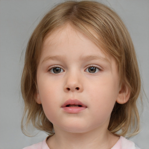 Neutral white child female with medium  brown hair and blue eyes