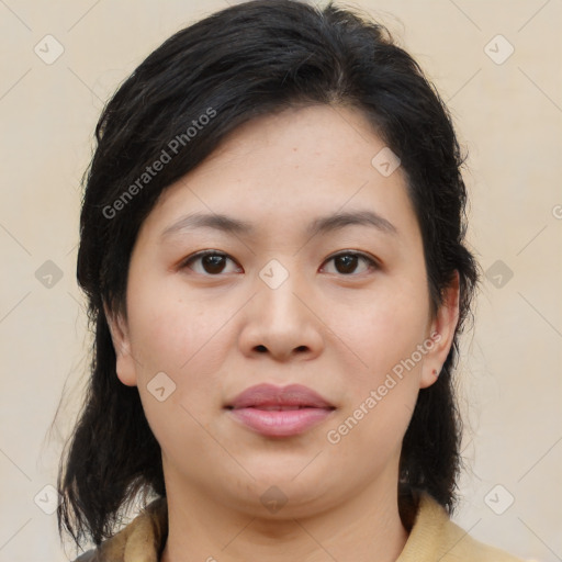 Neutral asian young-adult female with medium  brown hair and brown eyes