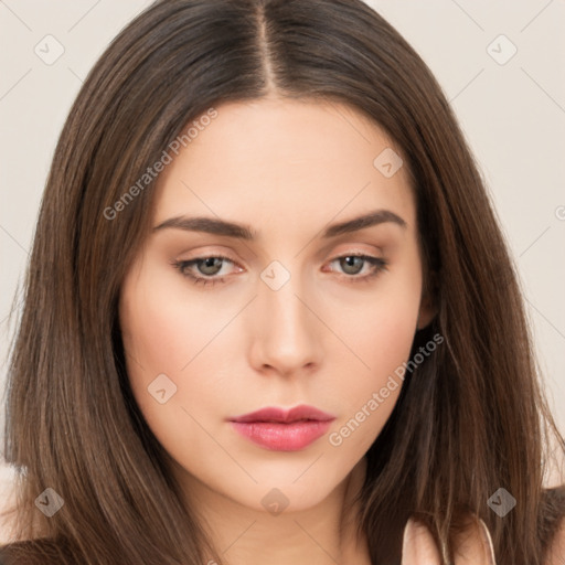 Neutral white young-adult female with long  brown hair and brown eyes