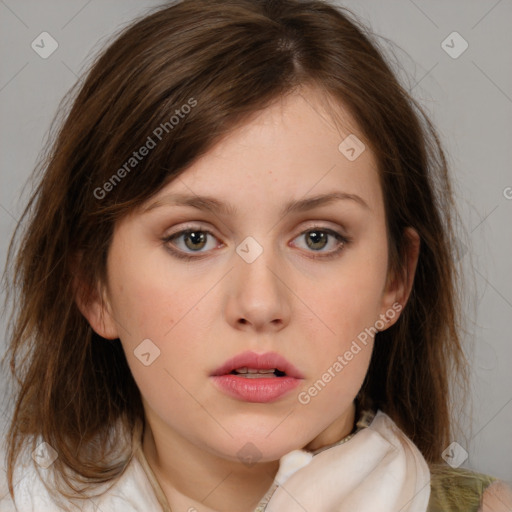 Neutral white young-adult female with medium  brown hair and brown eyes