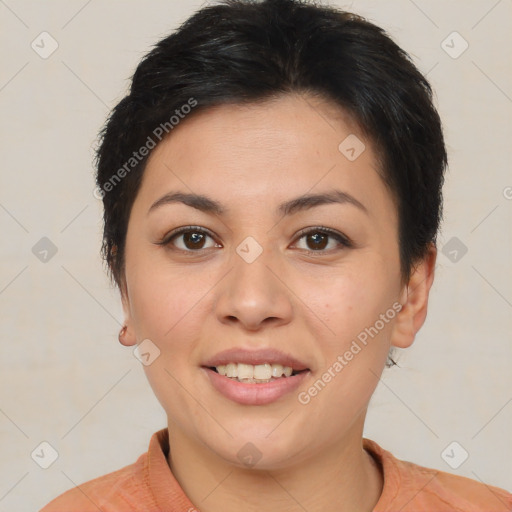 Joyful asian young-adult female with short  brown hair and brown eyes