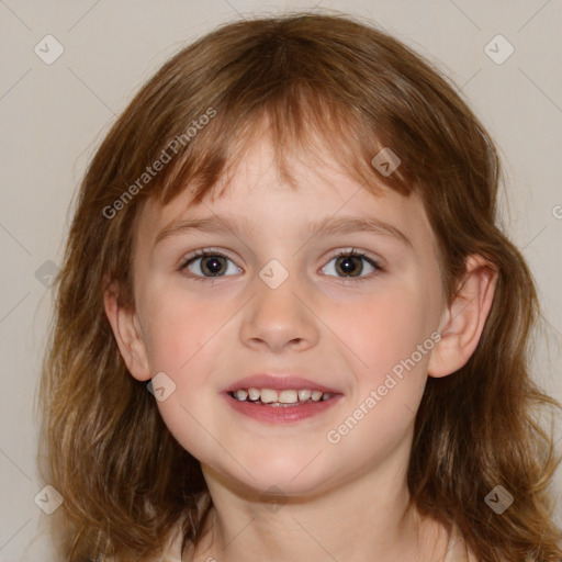 Joyful white child female with medium  brown hair and brown eyes