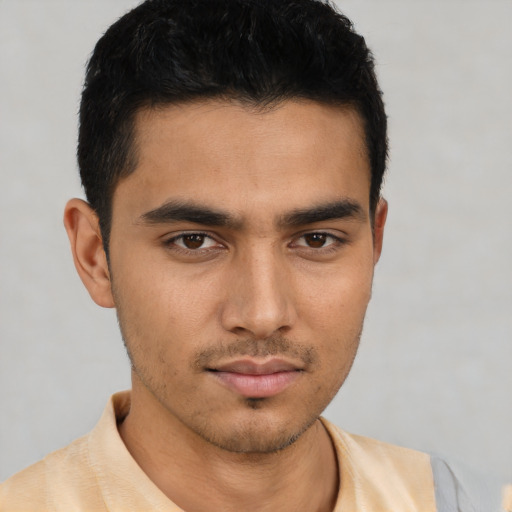 Neutral asian young-adult male with short  black hair and brown eyes
