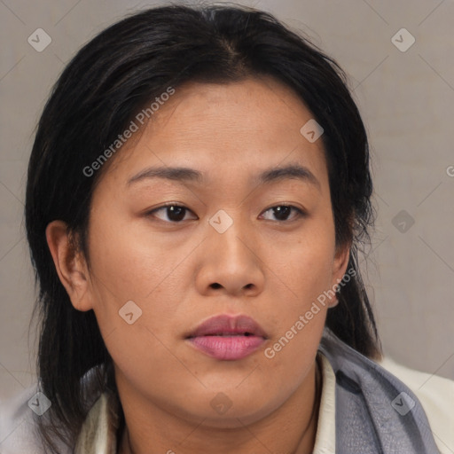 Neutral asian young-adult female with medium  brown hair and brown eyes