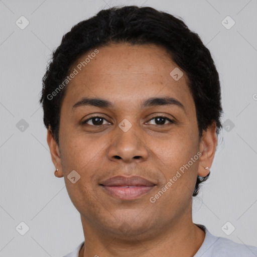 Neutral latino young-adult male with short  black hair and brown eyes