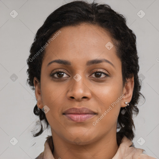 Joyful black young-adult female with medium  brown hair and brown eyes