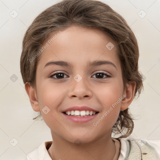 Joyful white child female with medium  brown hair and brown eyes